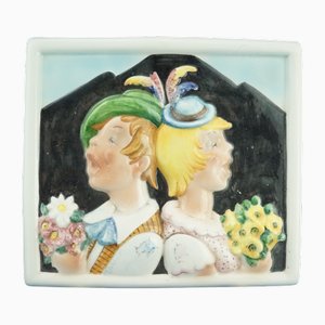 Vintage Art Deco Ceramic Plaque with Children in Bas-Relief, 1940s