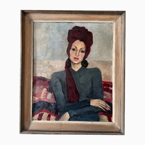 Denise Perrier, Portrait of a Woman with a Turban, 1950s, Oil on Canvas, encadré