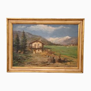 Italian Artist, Mountain Valley Landscape, Oil Painting on Plywood, Framed