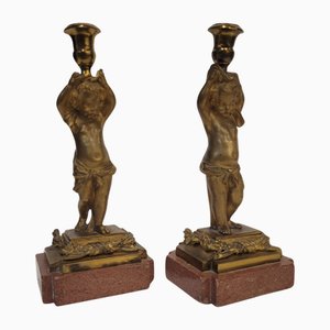 Candleholder Putti in Ormolu and Marble, France, 1880s, Set of 2