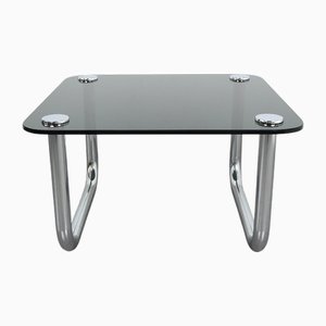 Mesa de centro era espacial con superficie de vidrio ahumado y caminos de cromo, Alemania, años 70