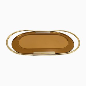 Oval 24k Gold Plated and Bronzed Pink Mirrored Glass Tray attributed to Umberto Mascagni, 1970s