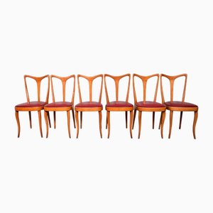Vintage Italian Chairs in Beech and Red Skai Seat, 1950s, Set of 6