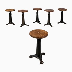 Italian Industrial Round Stools in Wood and Cast Iron, 1930s, Set of 6