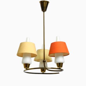 Mid-Century Brass Ceiling Lamp with Glass and Fabric Shades from J. T. Kalmar, Austria, 1950s