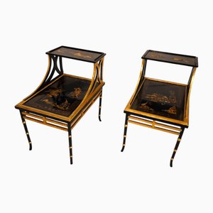 Tables Basses à Deux Niveaux en Faux Or et Bambou Noirci, 1940s, Set de 2