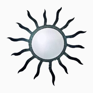 Vintage Sun-Shaped Wall Mirror in Black Wrought Metal