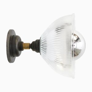 Clear Holophane Glass and Cast Iron Sconce
