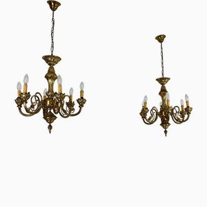 Lustres à 6 Lampes en Laiton et Verre de Murano, 1960s, Set de 2