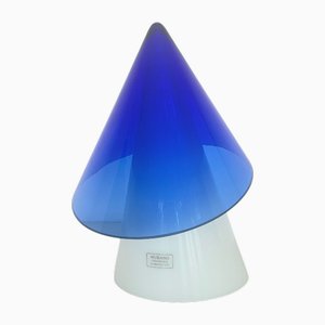 Lámpara blanca con pantalla de cristal de Murano azul transparente, años 80