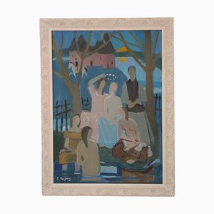 1940s Pauline Peugniez Symbolist Oil Painting of Women in Country Setting, Framed