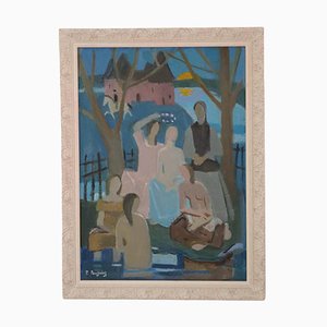 1940s Pauline Peugniez Symbolist Oil Painting of Women in Country Setting, Framed