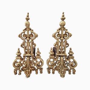 19th Century French Brass Fireplace Chenets, Set of 2