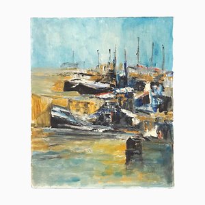 1970er, Abstraktes französisches Gemälde mit Hafen und Segelboot