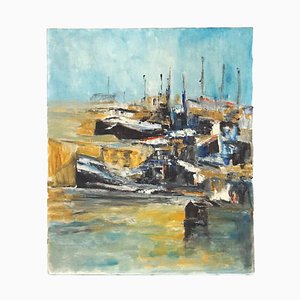 1970s Abstract French Harbor and Sailing Boat Painting
