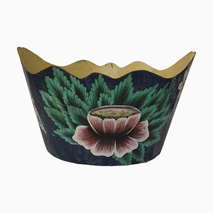 Mid Century French Tole Planter Cache Pot With Hand Painted Flowers