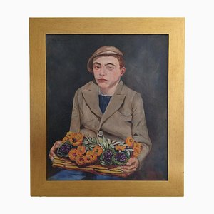 1930er Französisches Porträt eines Jungen, der Blumen verkauft - gerahmt