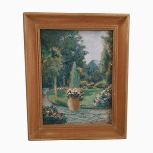 1950 circa, pittura francese di giardini fioriti e parchi, incorniciata e firmata