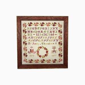1970s French Embroidery Cross Stitch Alphabet Sampler, Framed