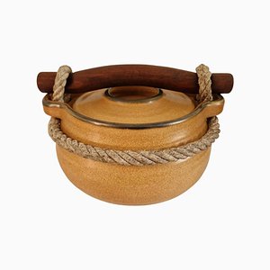 1970s French Stoneware Casserole Dish With Rope and Wooden Handle by Salins