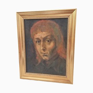 1970s, pittura a olio, ritratto, francese, di, giovane, con, lunghi, capelli rossi, incorniciato