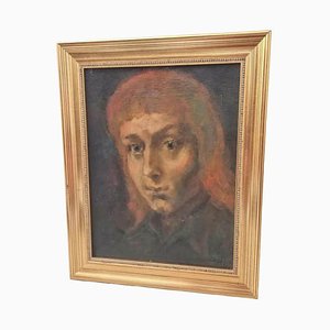 1970s French Portrait Oil Painting of Young Man With Long Red Hair, Framed