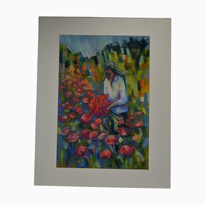 Late 20th Century "Picking Poppies" French Pastel Signed Drawing by J. Martin