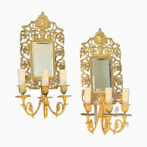 Appliques Murales Miroir Girandole Antique en Bronze, France, 18ème Siècle, Set de 2