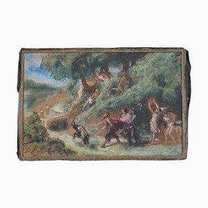 Pintura al óleo de paisaje figurativo de mediados del siglo XIX "El triunfo de Pan" atribuida a Ernst Stückelberg