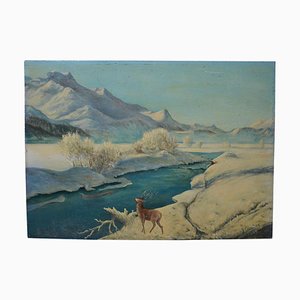 Mitte des 20. Jahrhunderts Jean Gouhey "Hirsch in einer Winterlandschaft" Öl auf Holz signiert und datiert 1949