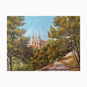 Late 20th Century French Country Church Spire and Forest Path Painting Signed Francis Bourelly, Framed