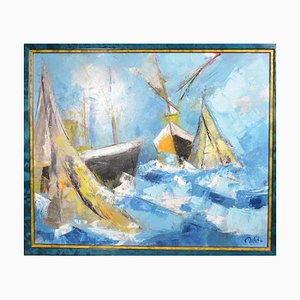 jj Millet "Navires dans une mer agitée" Huile sur Toile Signée et Datée