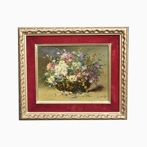 C. Mazy (escuela francesa del siglo XX) "Bodegón con canasta de flores", óleo sobre lienzo, firmado