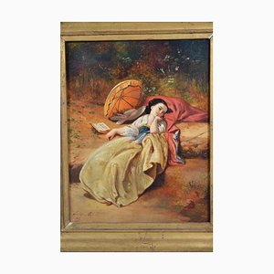 Olivier O (francese XIX secolo) "Woman Languid in a Garden" olio su tela firmato e datato 1865