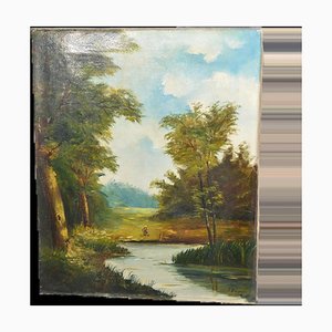 P. Presente (francés, siglo XX) "Paisaje con un estanque" óleo sobre lienzo firmado