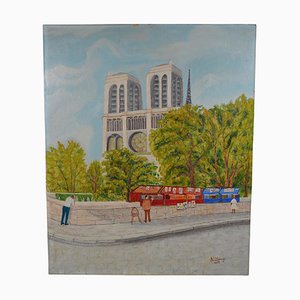 N. Zrinyi French School "Die Buchhändler am Ufer der Seine vor der Kathedrale Notre-Dame De Paris" Ölgemälde auf Holz, signiert, 1958