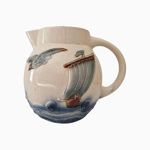 1930s French Majolica Water Pitcher by Digoin Sarreguemines With Sailboat and Seagull