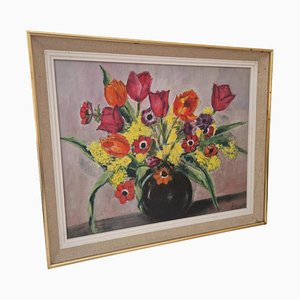 1970s French Tulip and Flower Still Life Painting With Anemones and Mimosas, Framed