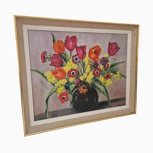 Pintura francesa de naturaleza muerta con tulipán y flores, anémonas y mimosas, años 70