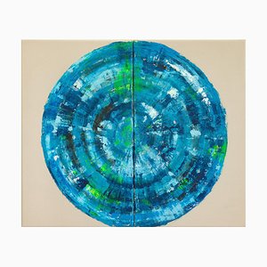 Bernhard Lang, Díptico del círculo azul Ii, Pinturas sobre lienzo contemporáneas. Juego de 2
