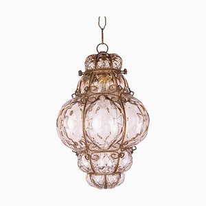Lámpara colgante grande de cristal de Murano enjaulado en beige de Seguso, años 60