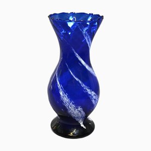 1970er Baluster Vase aus blauem Muranoglas mit Iattimo Dekoration, Signiert