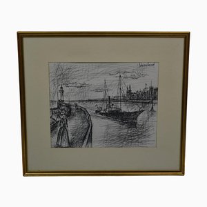 Mid 20th Century "Entering the City on the River" Ink Drawing by Raymond Lemarchand, Framed