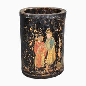 Late 19th Century Important Black Lacquered Bamboo Pot With Polychrome Character Decoration