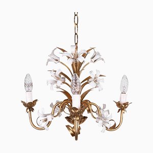 Gilt Chandeliers with White Enamel Lily Flowers, 1950s, Set of 2