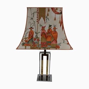 Frankreich 70er - Vintage Lampe mit Chromfuß und Lampenschirm mit asiatischem Dekor