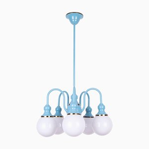 Lámpara de araña de bistró francesa en azul con esferas de vidrio opalino, años 80