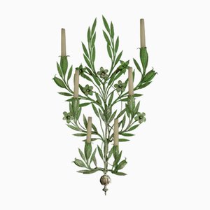 Apliques de pared grandes de hierro forjado verde con flores, años 50. Juego de 2