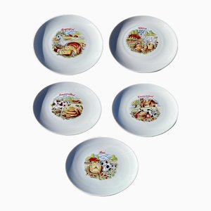 1970s Vintage Winterling Kitchenlomite Bavaria Porcelain Illustrated Cheese Plates- Set of 5