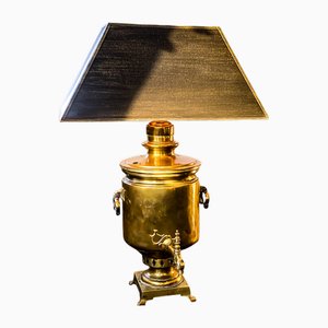 Decorative Samovar Brass Hallmarked Table Light With Hand Painted Lampshade, 1940s